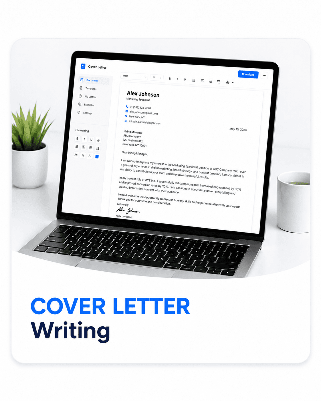 Laptop showing a cover letter open in a document editor