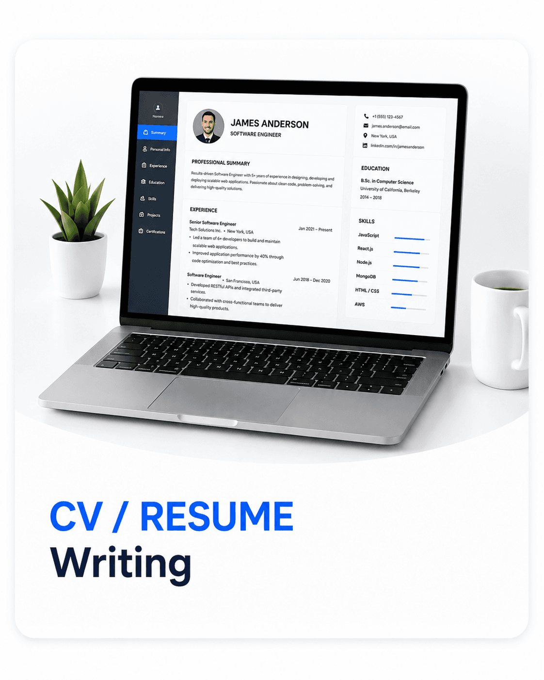 Laptop showing a CV being edited in a resume builder