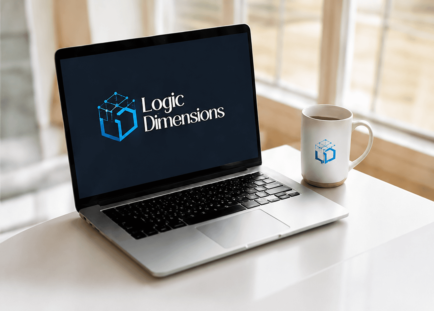 Laptop and mug showing the Logic Dimensions brand mark on a bright desk